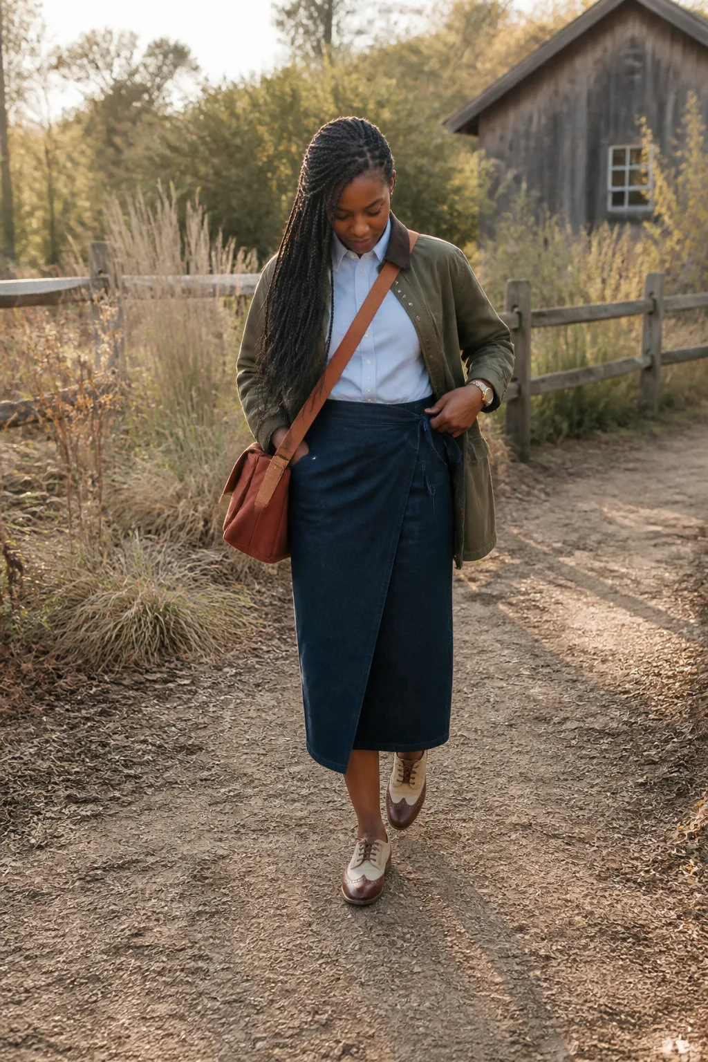 Denim Wrap Skirt with Chambray Shirt and Waxed Jacket