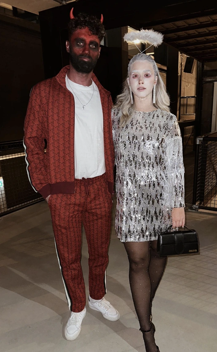 Devil Tracksuit + Angelic Sequin Dress + Chic Black Handbag + White Sparkly Tights