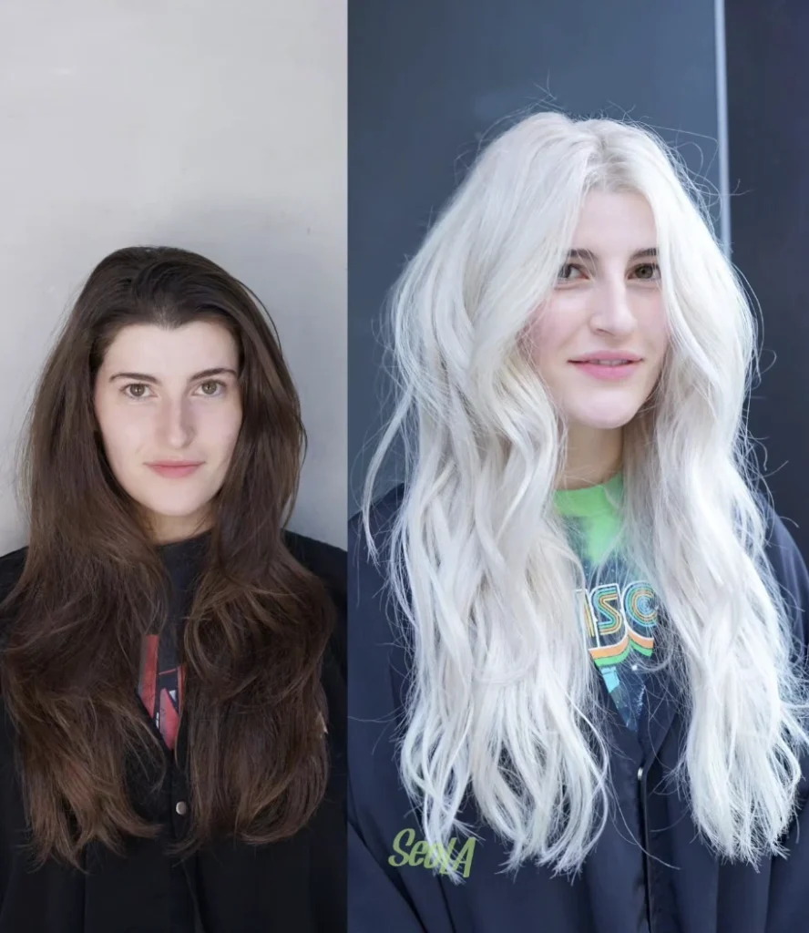 Dramatic Transformation: Long to Wavy Platinum Lob