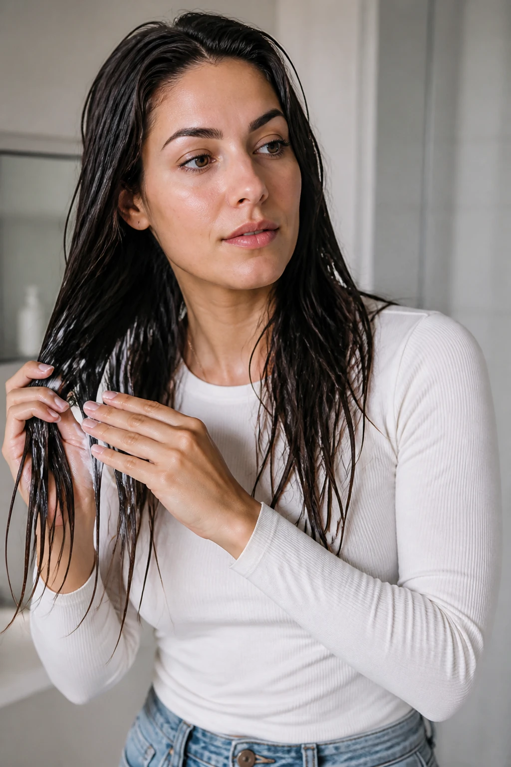 Applying conditioner to damp mid-lengths and ends