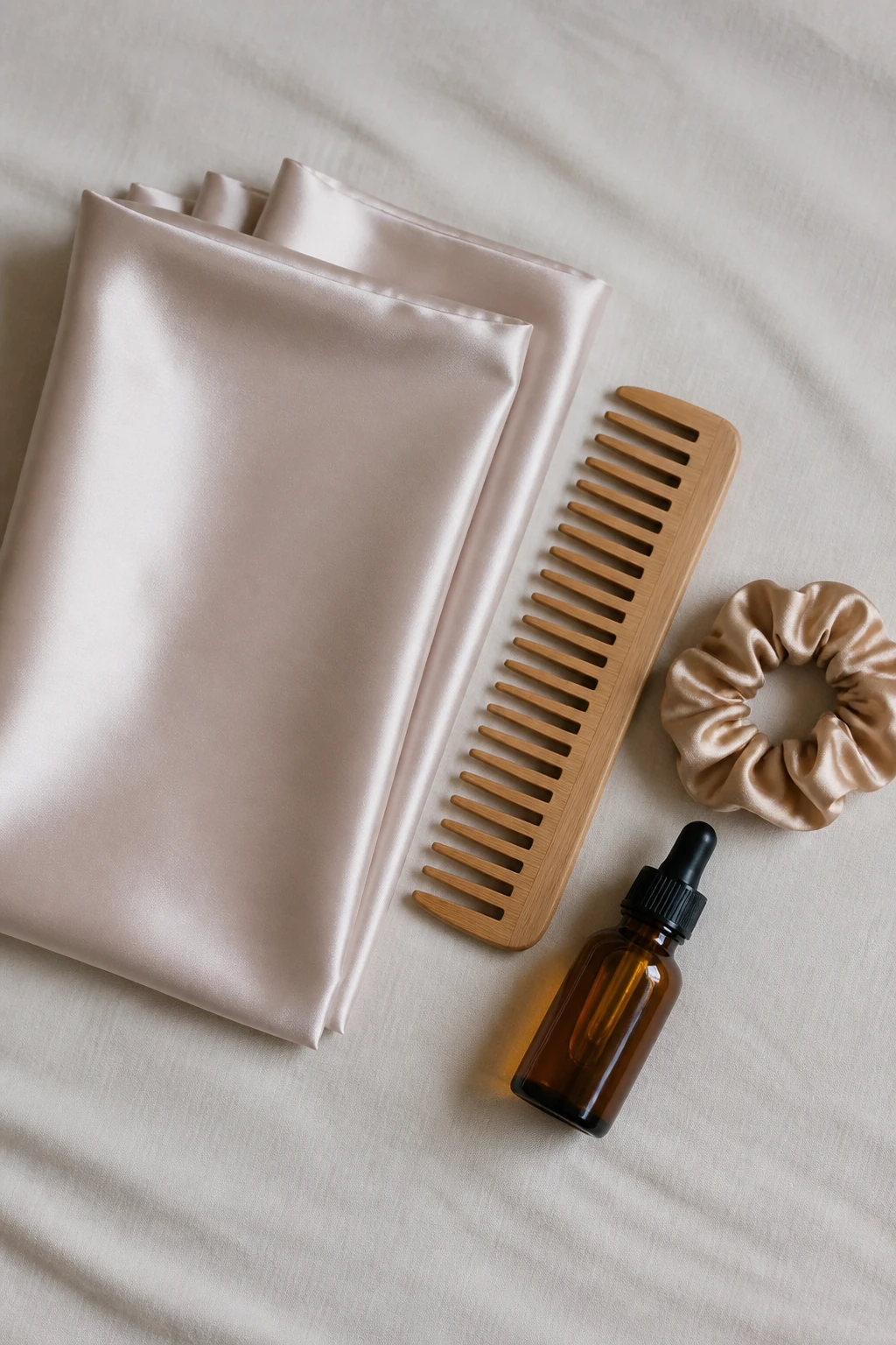 Silk pillowcase, wide-tooth comb and hair oil for protection
