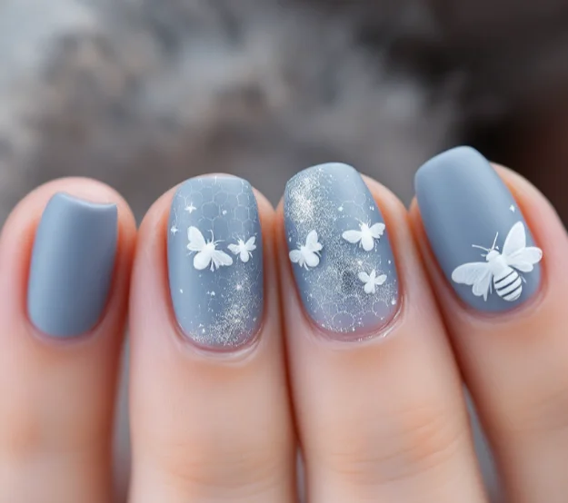 Dusty Blue with White Bee and Glitter Accent Nails