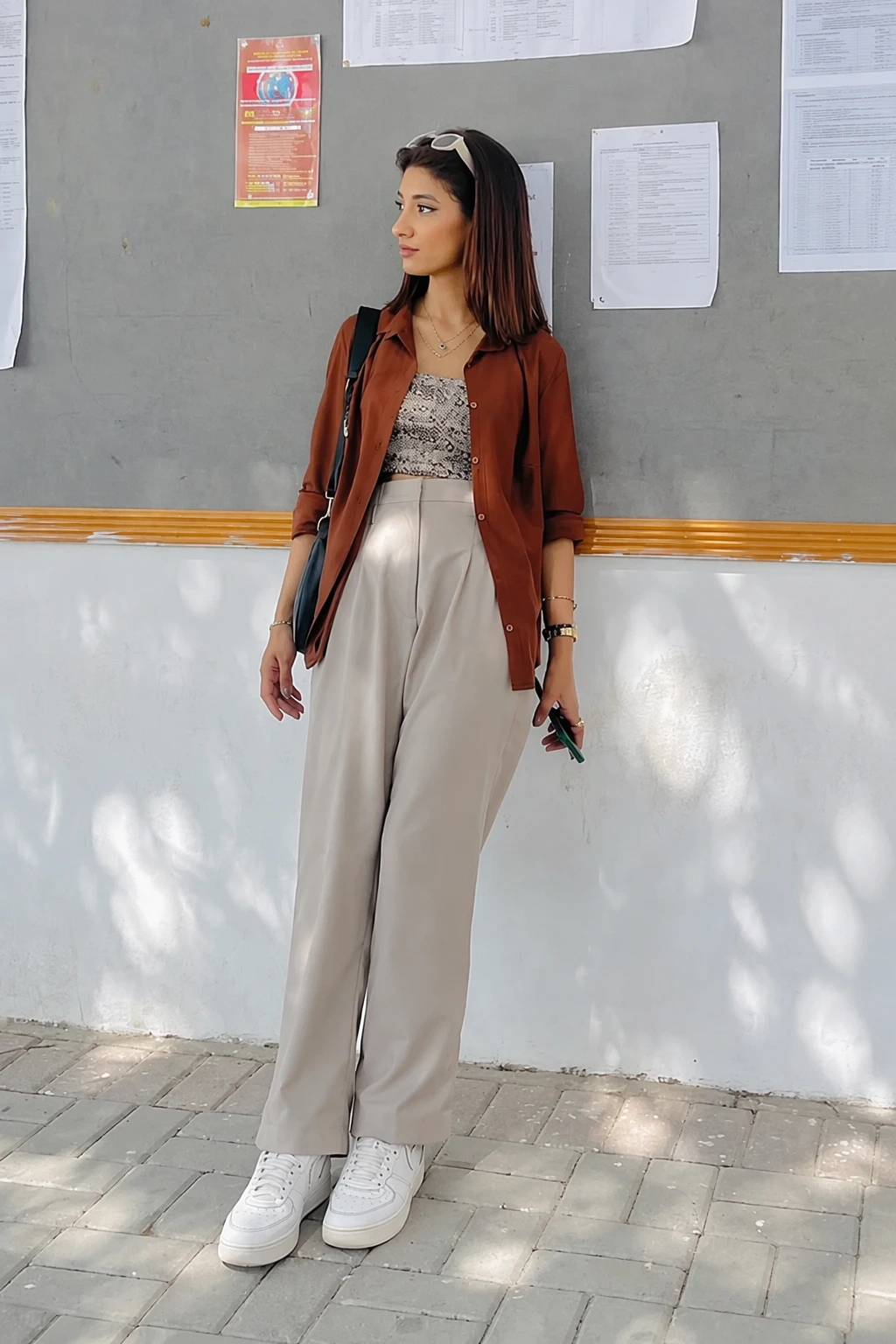 Earth Tone Cardigan + Snake Print Crop Top + Pleated Trousers + White Sneakers