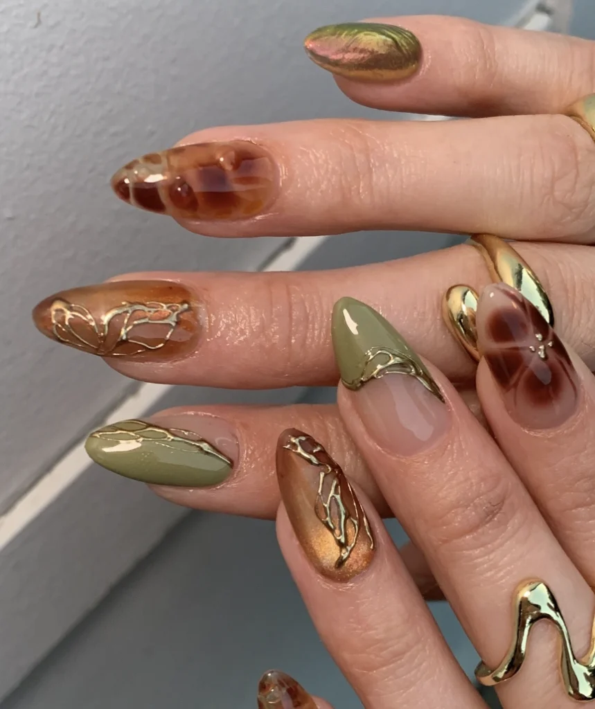 Earth Tones with Gold Detail Nail Art