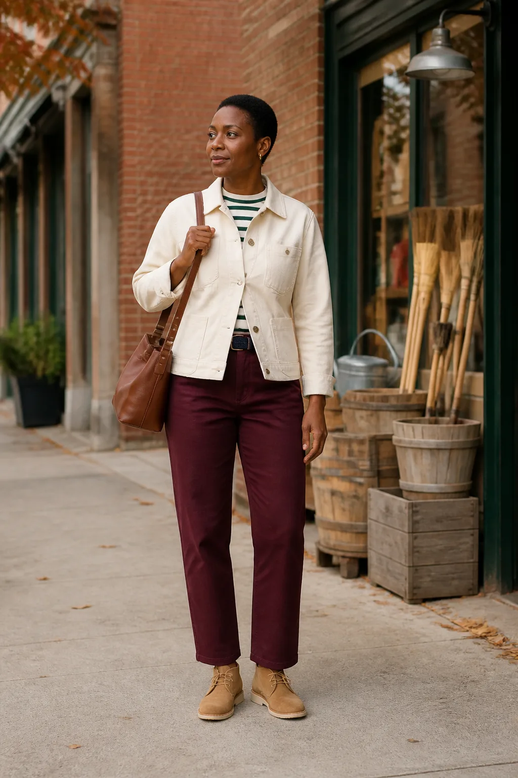 Ecru Denim Jacket with Burgundy Chinos