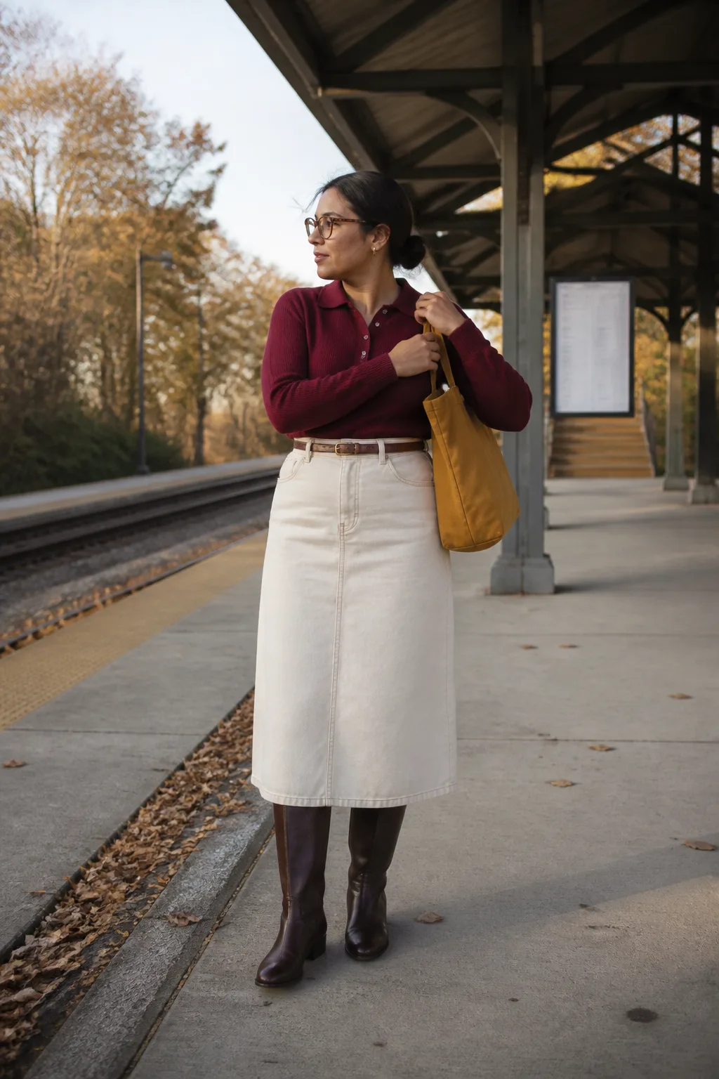 Ecru Denim Midi Skirt with Burgundy Knit Polo