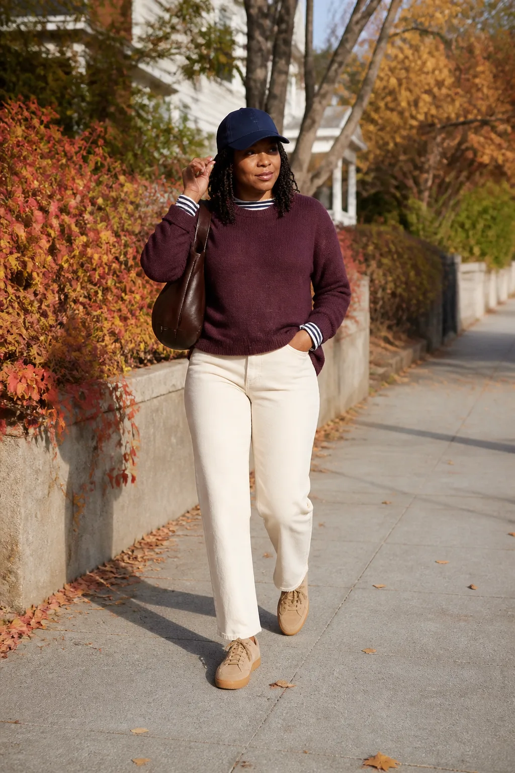 Ecru Jeans, Plum Sweater, and Tan Sneakers