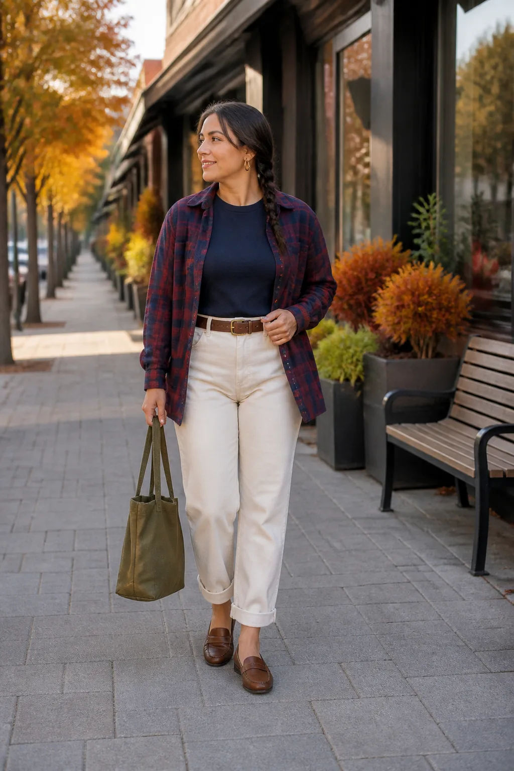 Ecru Jeans with Checked Overshirt