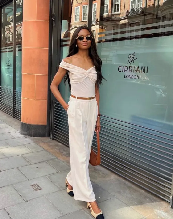 Ecru Off-Shoulder Ruched Top + Ecru Wide-Leg Trousers + Tan Slim Belt + Black Slingback Heels