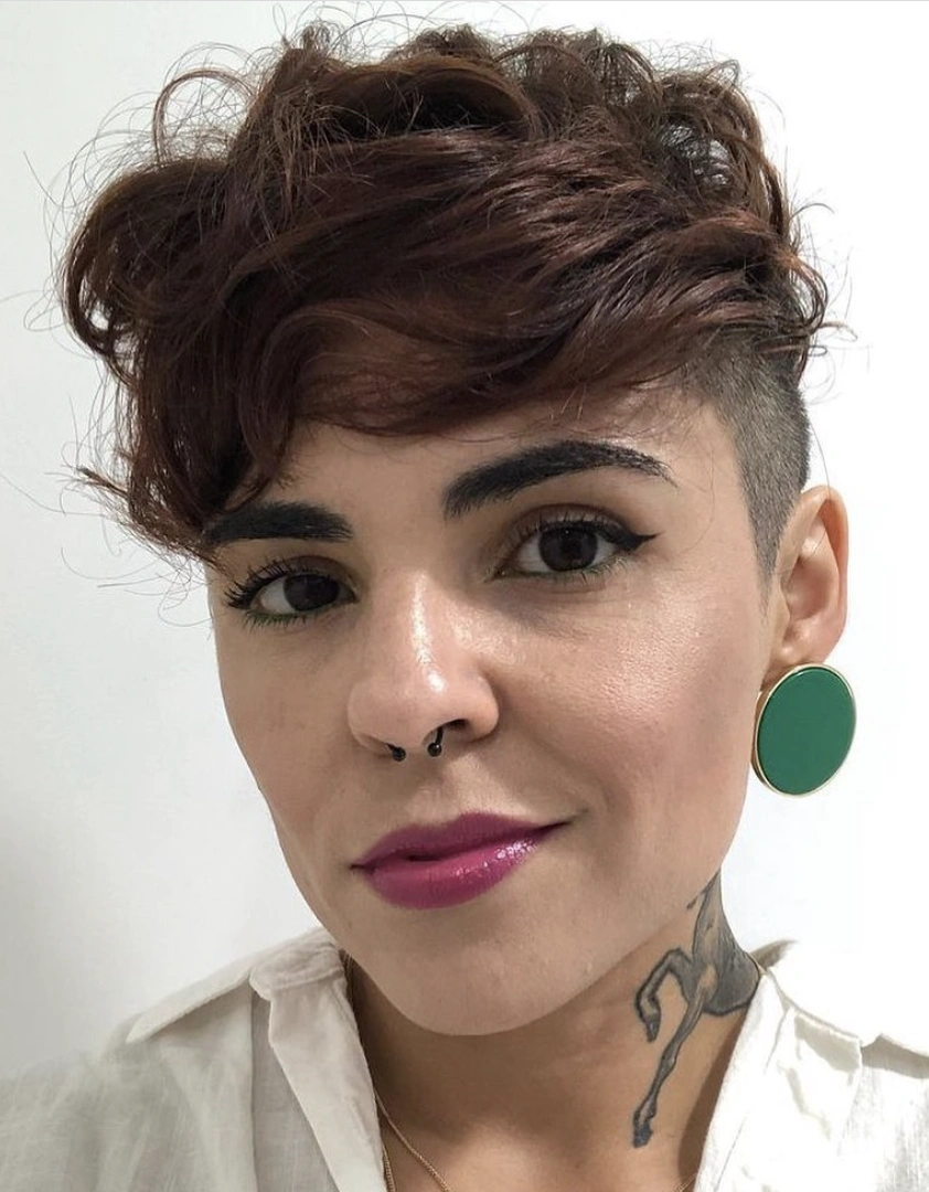 Edgy Auburn Pixie with Side Undercut & Statement Earrings