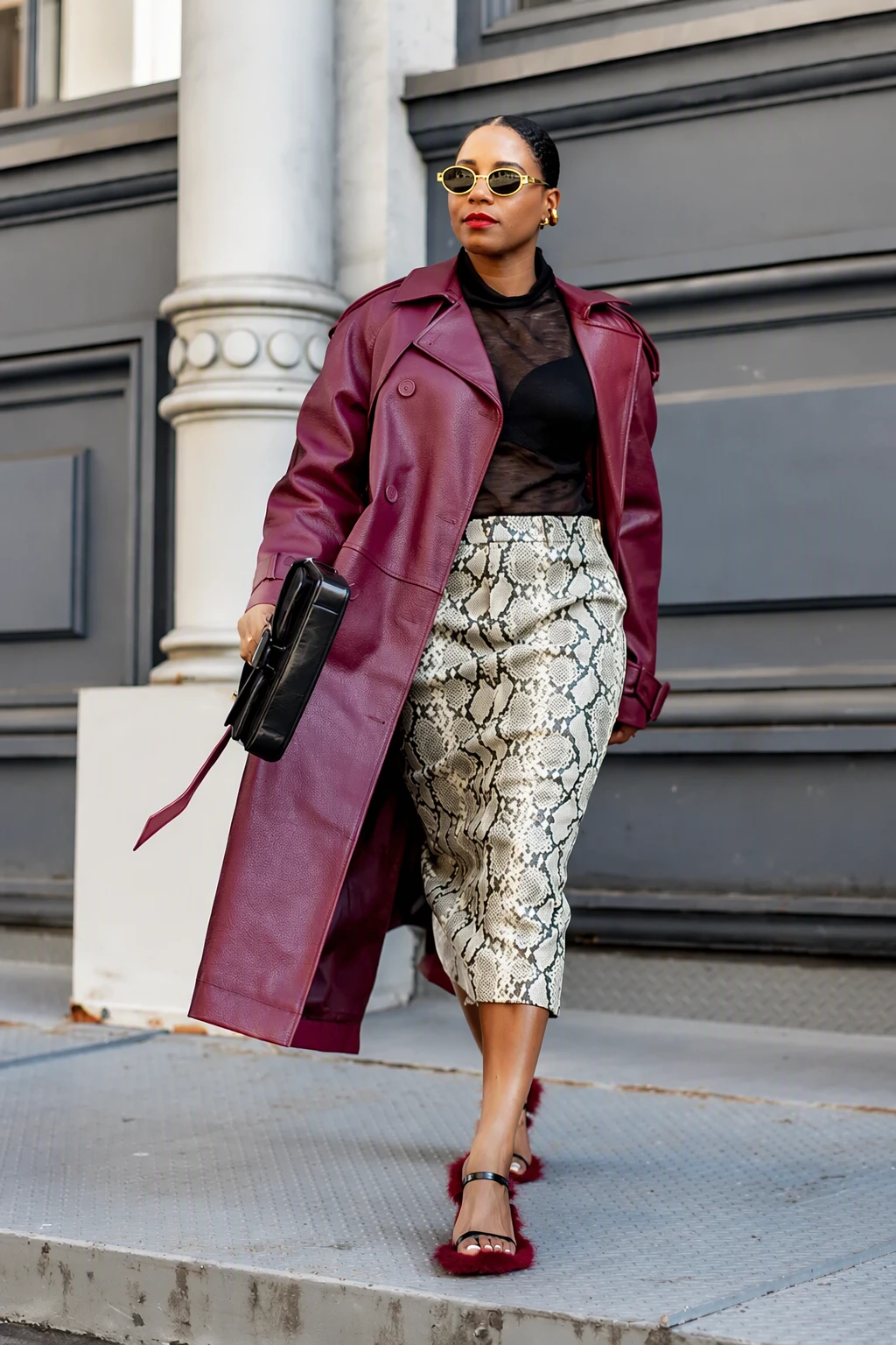 Edgy Glam: Burgundy Trench Coat + Snakeskin Skirt