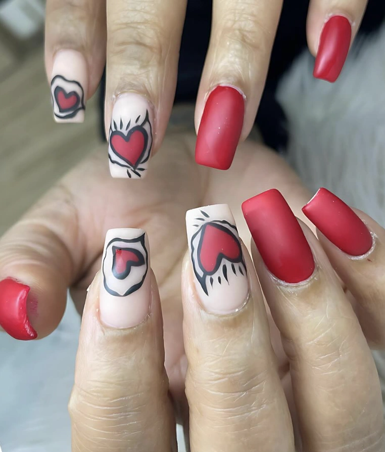Edgy Heart Tattoo Art Meets Matte Red Square Nails