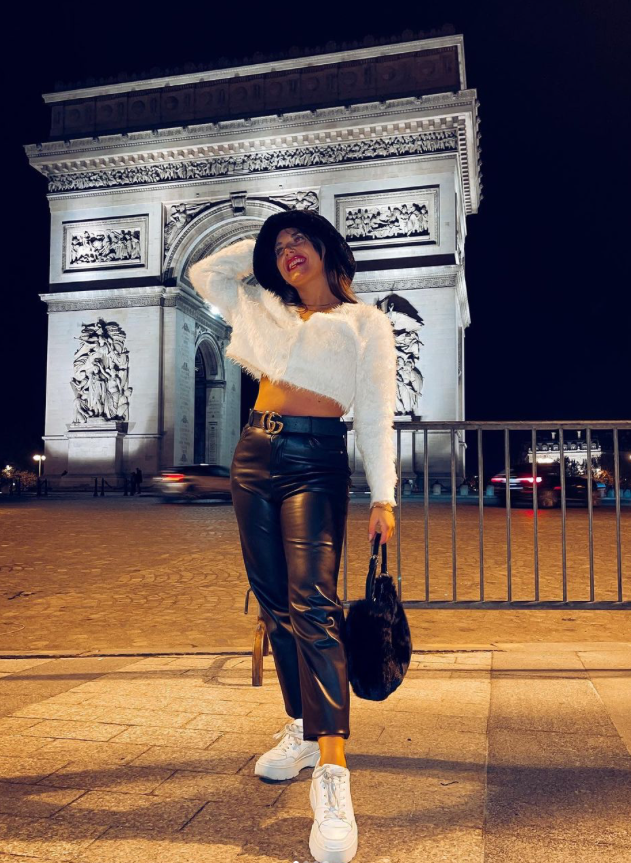 Edgy Night Glam: Fluffy Crop + Leather Pants + Sneakers