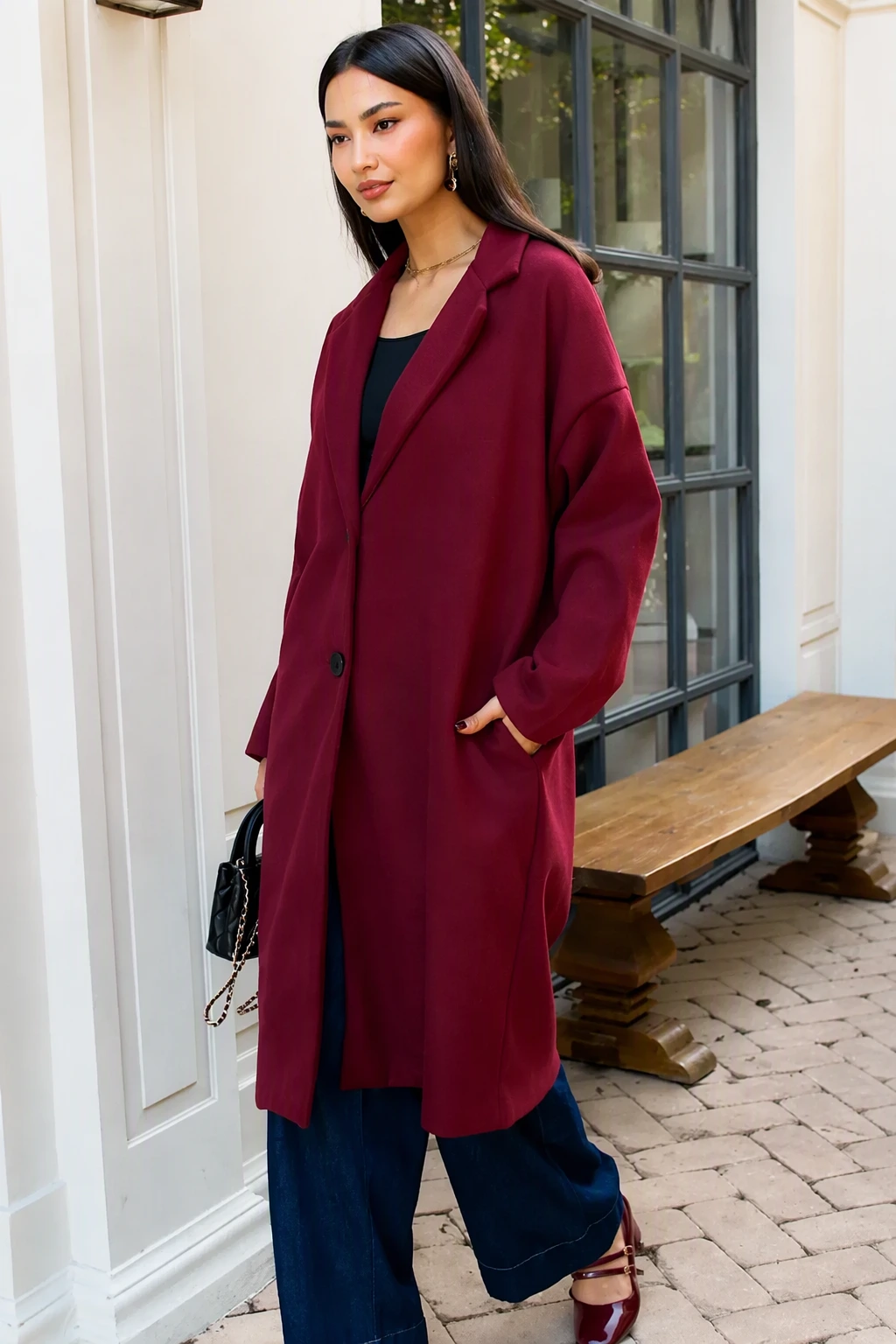 Effortless Elegance: Burgundy Coat + Wide-Leg Jeans