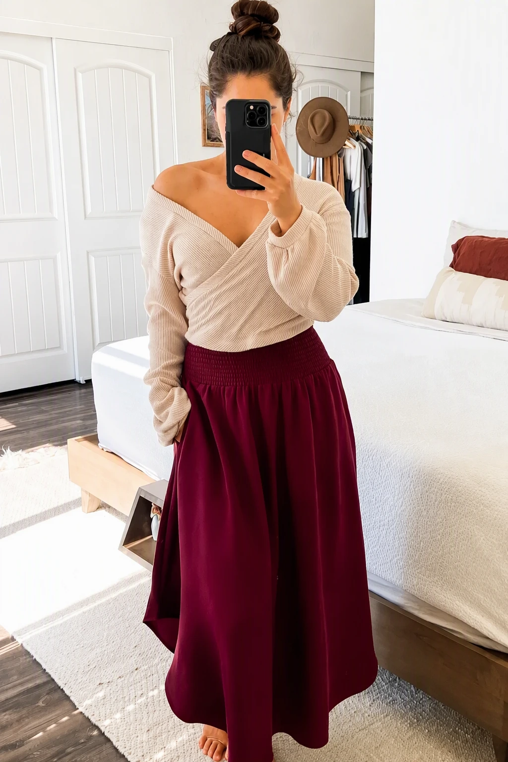 Effortless Grace: Off-Shoulder Top + Burgundy Maxi Skirt