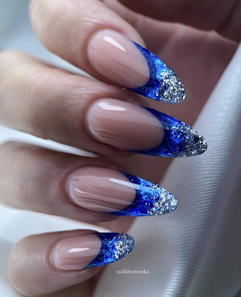 Electric Blue Glitter French Tip Almond Nails