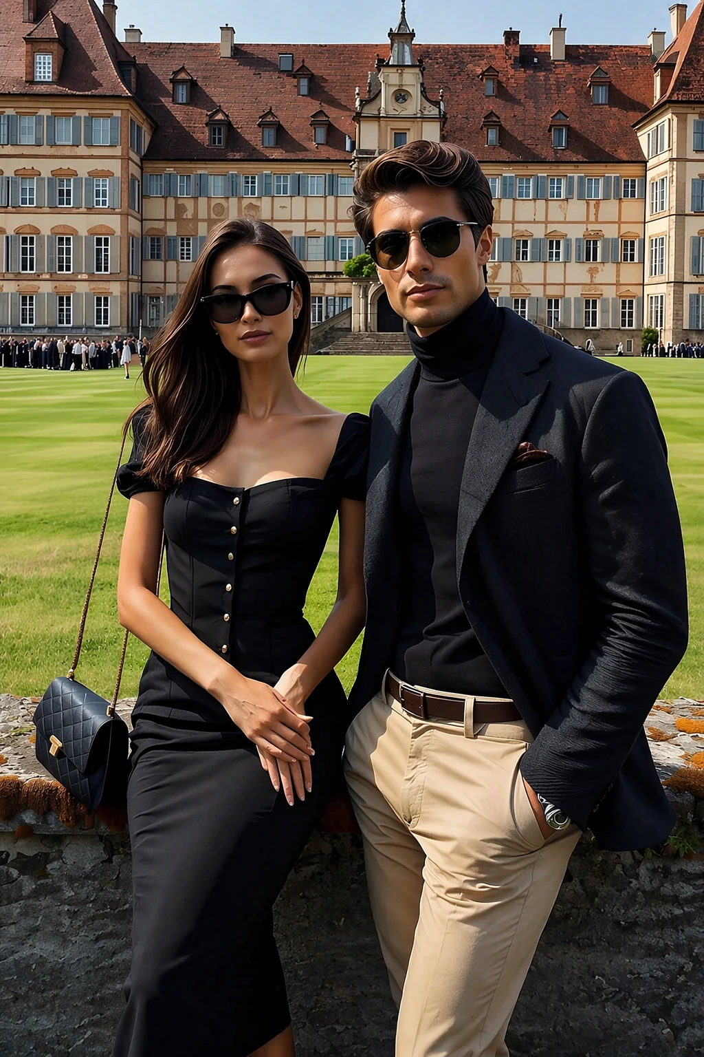 Elegant Black Midi Dress + Tailored Blazer + Cream Chinos + Classic Quilted Handbag + Leather Loafers