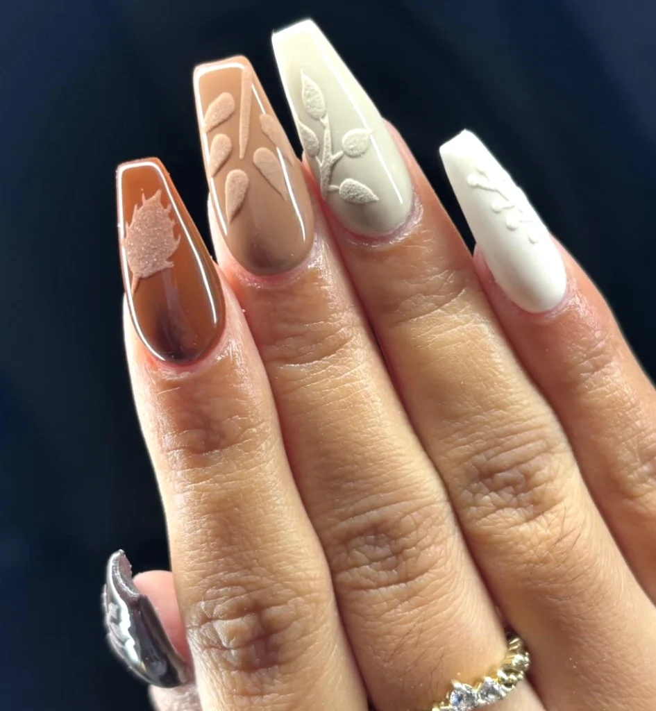 Elegant Coffin Fall Gel Nails with Leaf Designs and Warm Earthy Tones