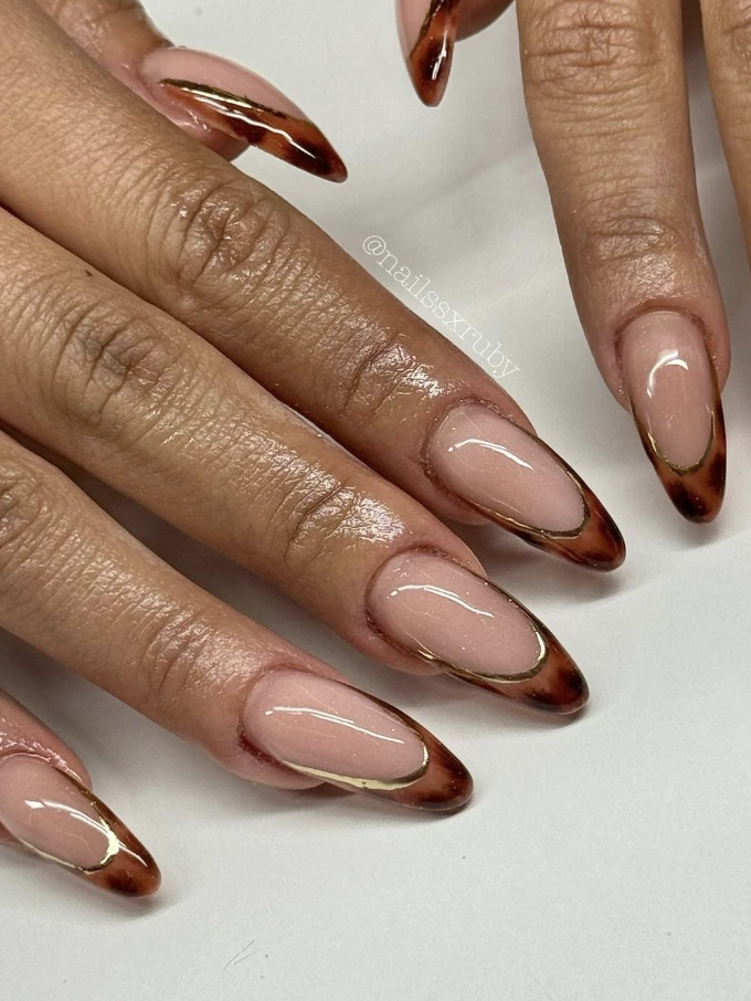 Elegant Fall Almond Nails Designs with Brown Ombre Tips and Gold Foil Accents