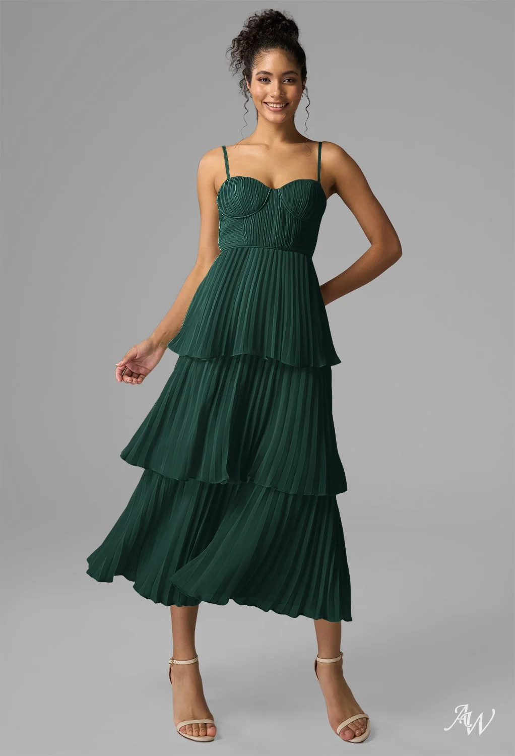 Elegant Forest Green Tiered Pleated Dress with Spaghetti Straps