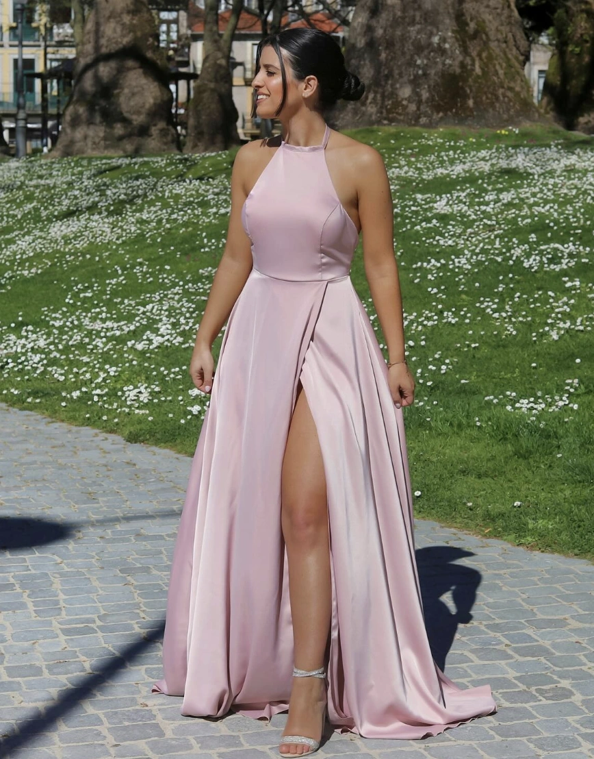 Elegant Pink Satin Dress + Strappy Silver Heels