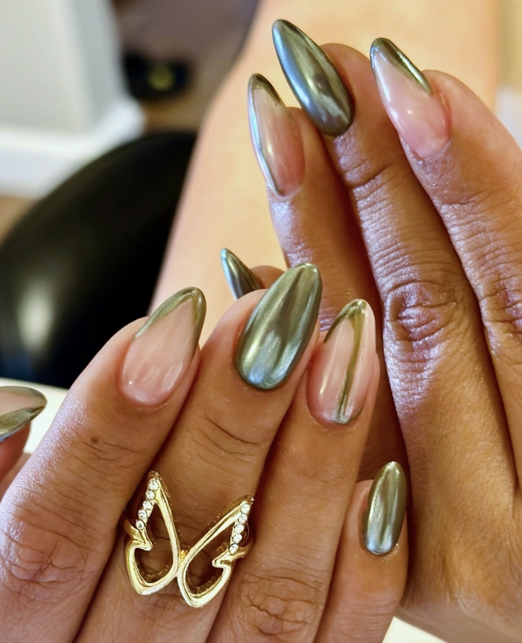 Elegant Stiletto Fall Chrome Nails with Soft Ombre and Subtle Metallic Stripes