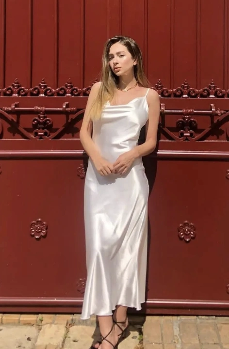 Elegant White Satin Dress Long + Minimalist Gold Necklace + Chic Black Strappy Sandals