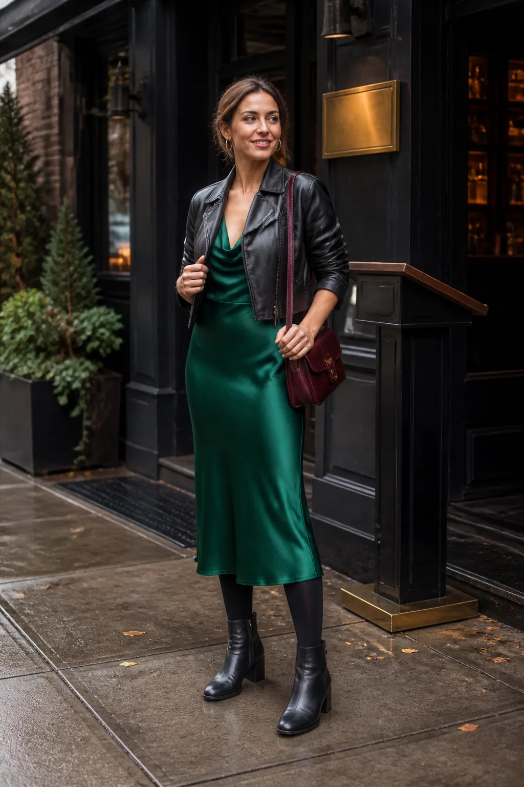 Emerald Satin Midi Dress with Cropped Leather Jacket