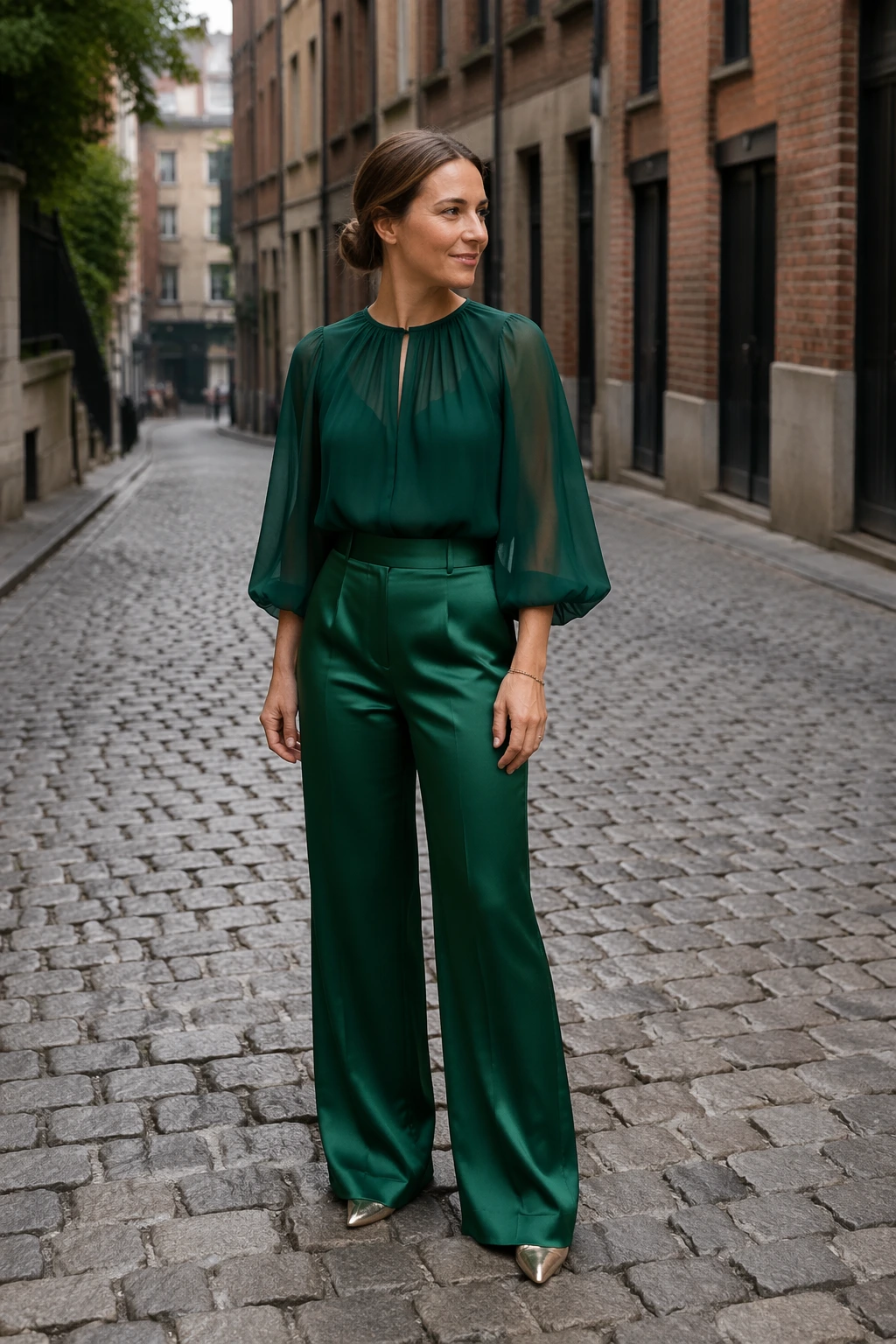 Emerald Sheer Blouse + Emerald Satin Wide-Leg Trousers + Gold Pointed-Toe Heels