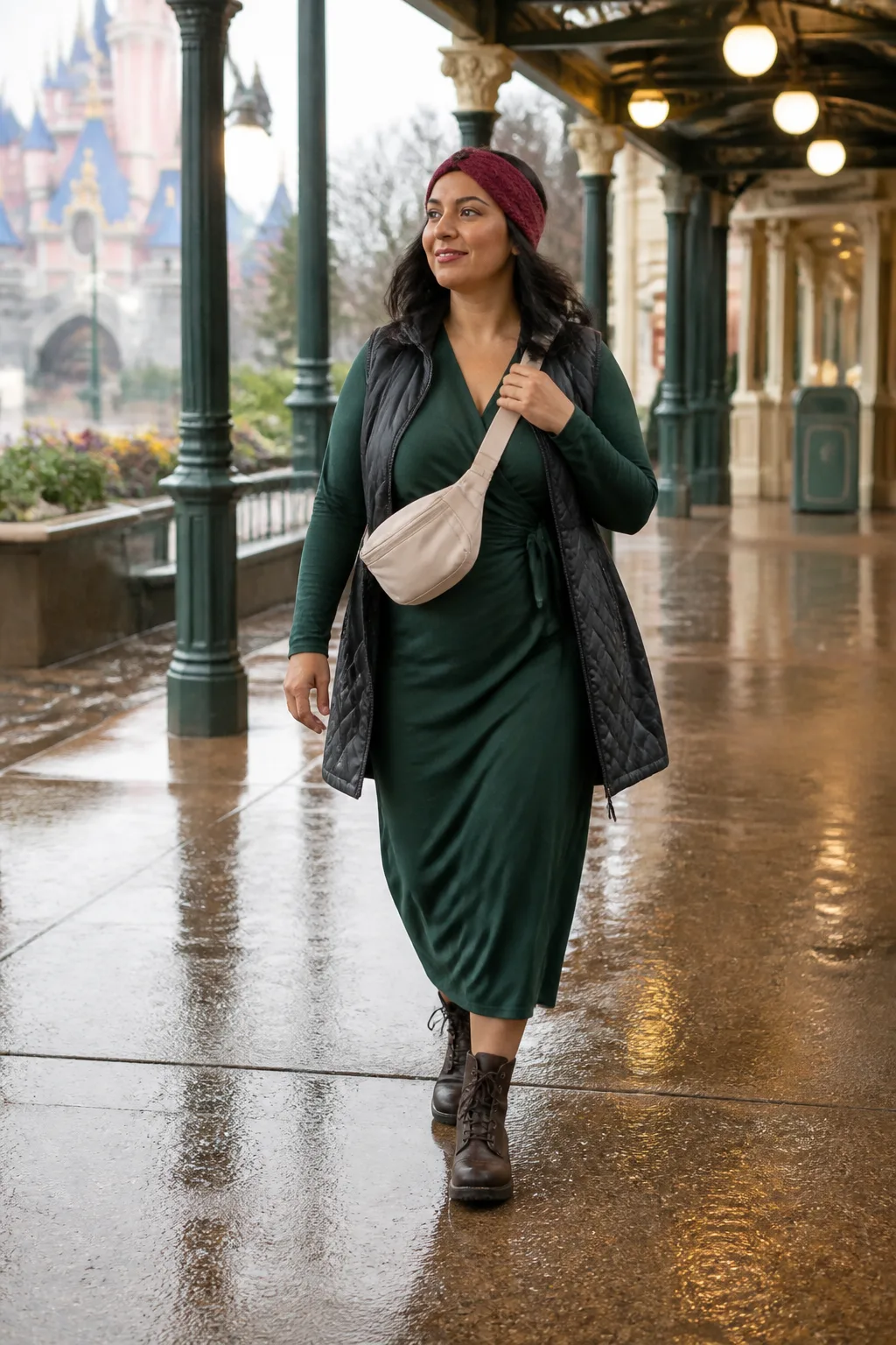 Emerald Wrap Dress, Long Vest and Lace-Up Boots