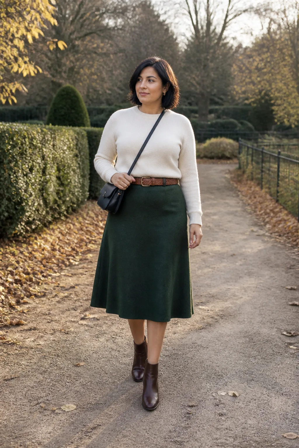 Espresso Chelsea Boots with a Forest Green Skirt