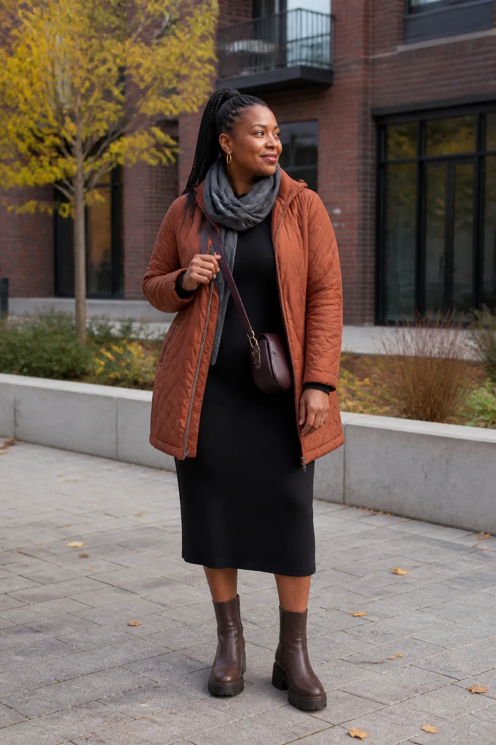 Espresso Platform Boots with a Black Knit Dress