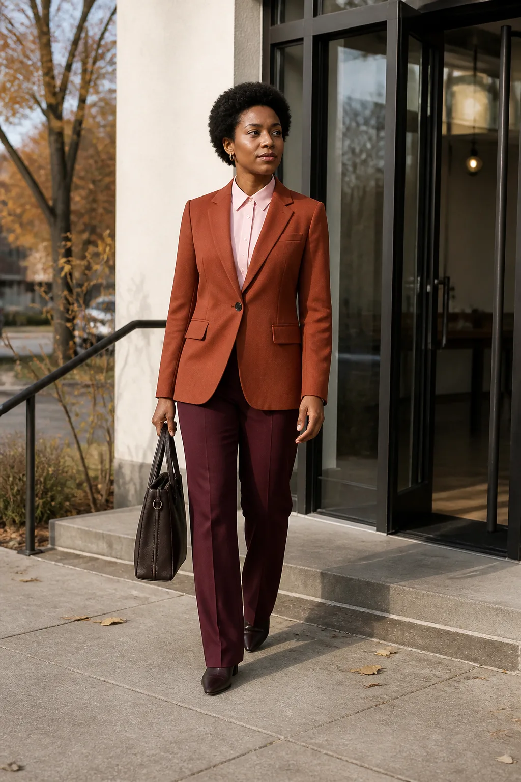Espresso Pointed-Toe Boots with a Burgundy Suit