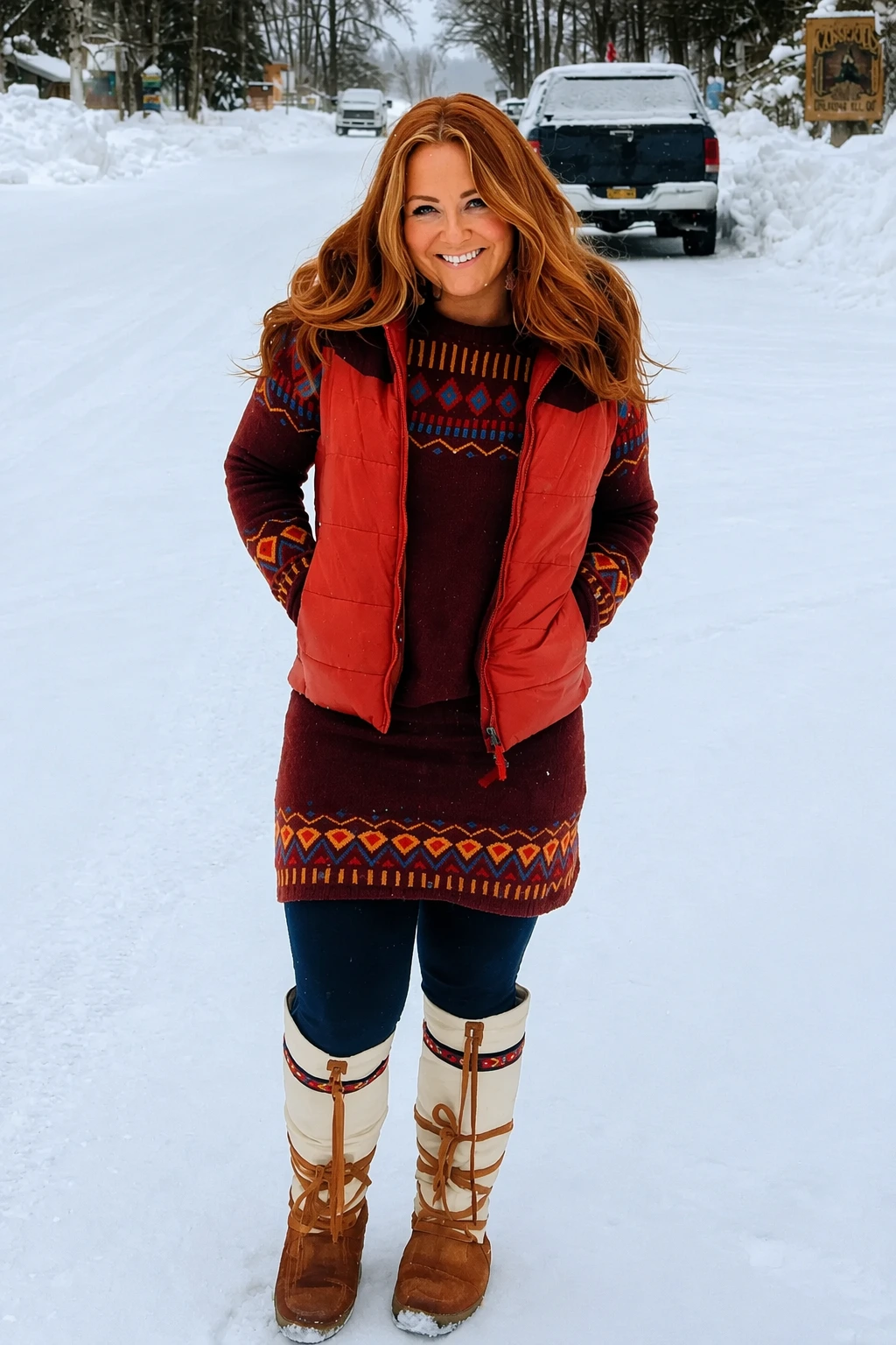 Fair Isle Sweater Dress + Puffer Vest + Mukluk Boots