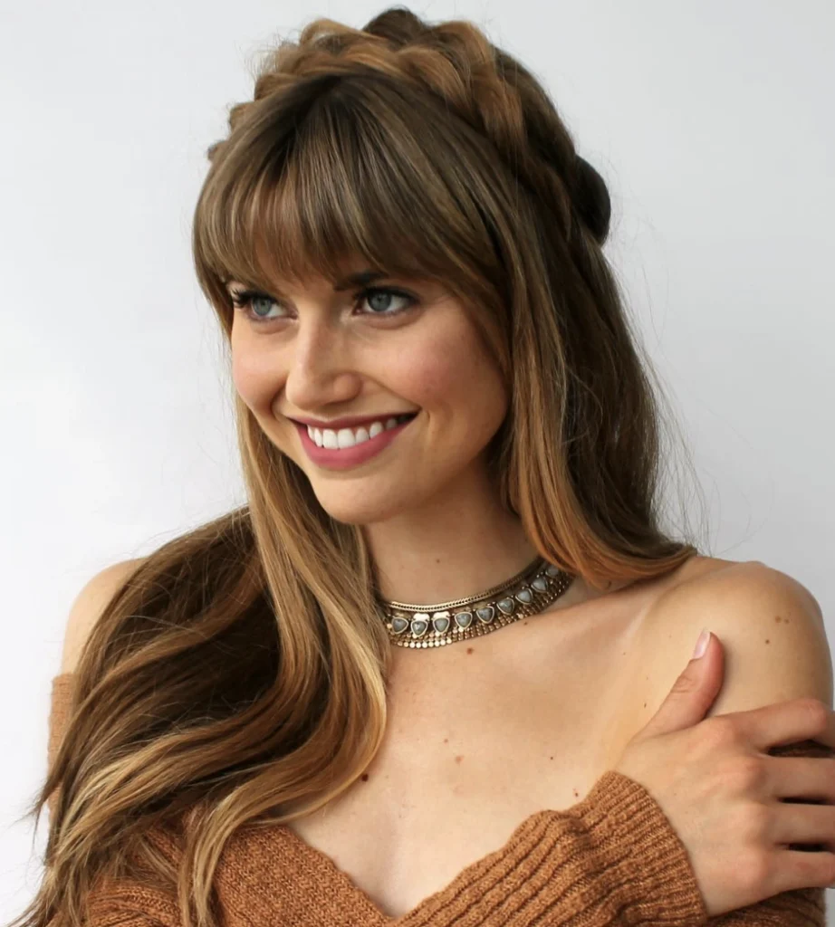 Fall Hair with Braided Crown and Soft Face-Framing Bangs