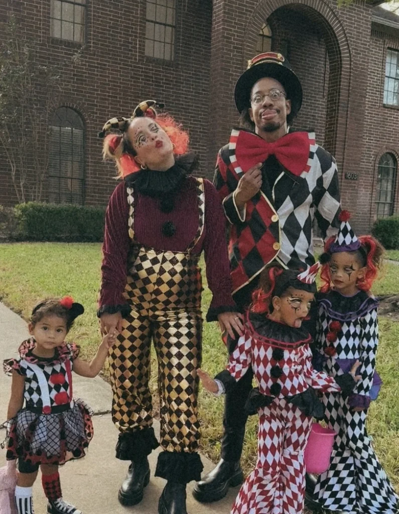 Family Halloween Costumes with Baby + Colorful Harlequin Jumpsuit + Matching Accessories + Fun Face Paint