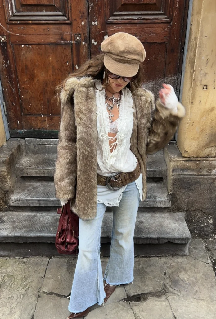 Faux Fur Coat + Lace-Up Top + Distressed Flare Jeans