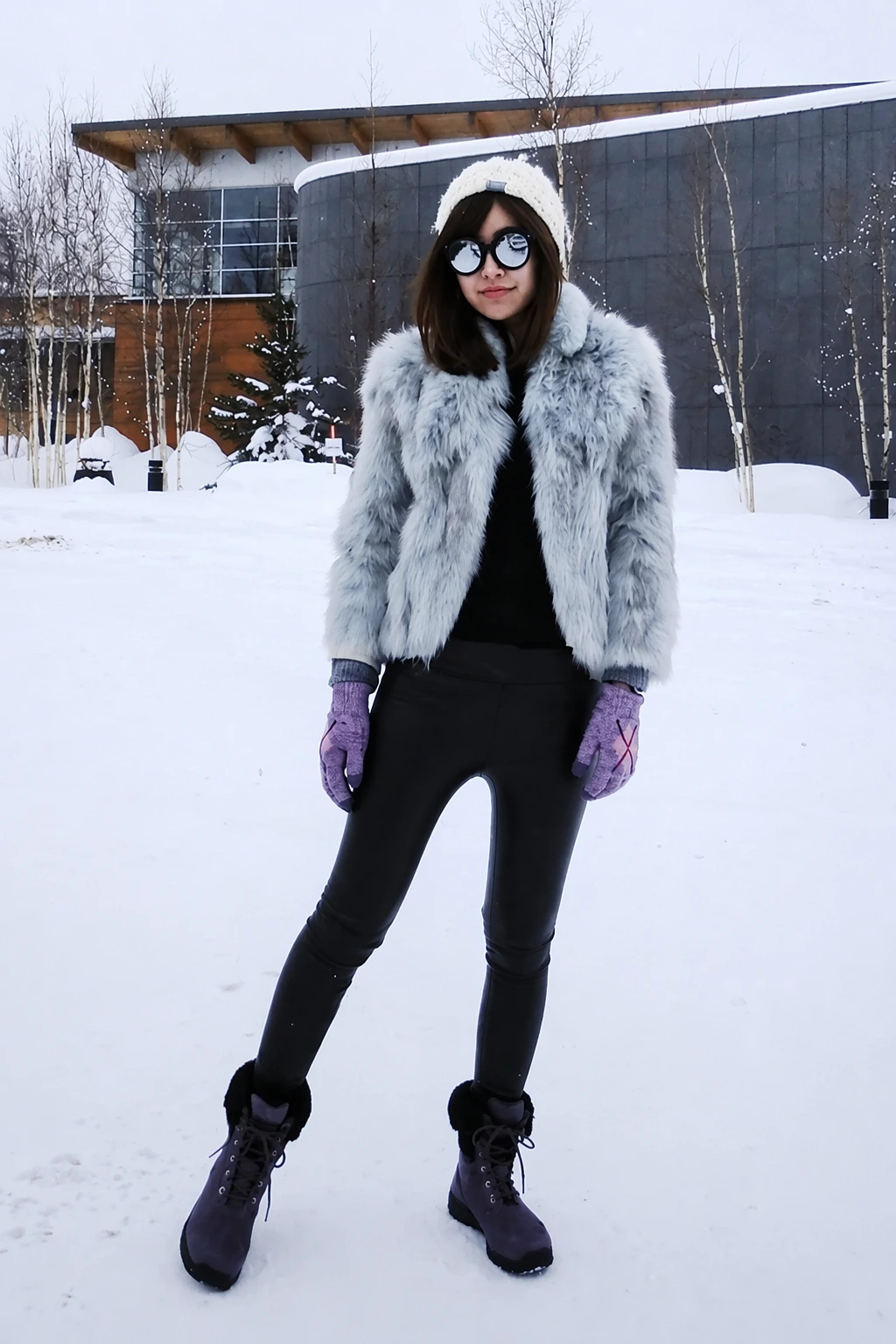 Faux Fur Coat + Wool Beanie + Hiking Boots