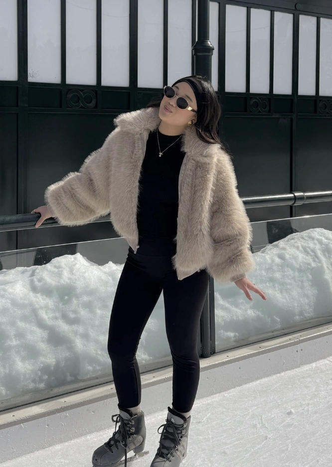 Faux Fur Jacket + Black Leggings + Ice Skates