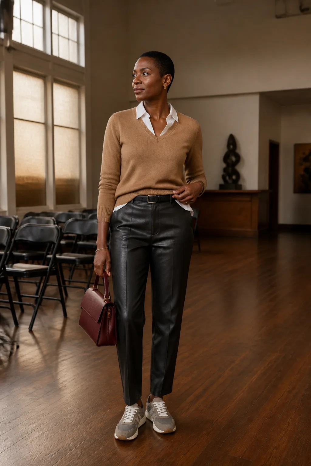 Faux-Leather Trousers, Camel Knit, and Gray Sneakers