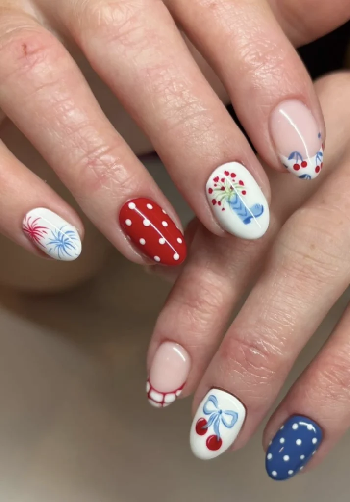 Festive Almond-Shaped Fourth of July Nails Acrylic with Polka Dots, Cherry Designs, and Fireworks