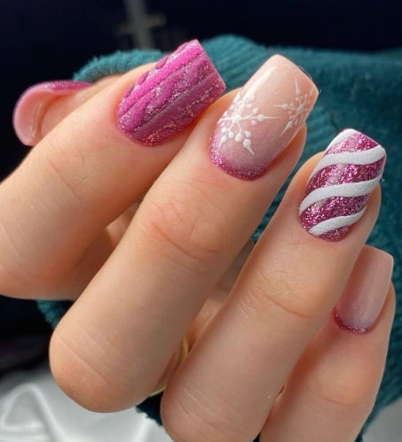 Festive Pink Sparkle Nails with Cable Knit, Snowflake and Candy Cane Details