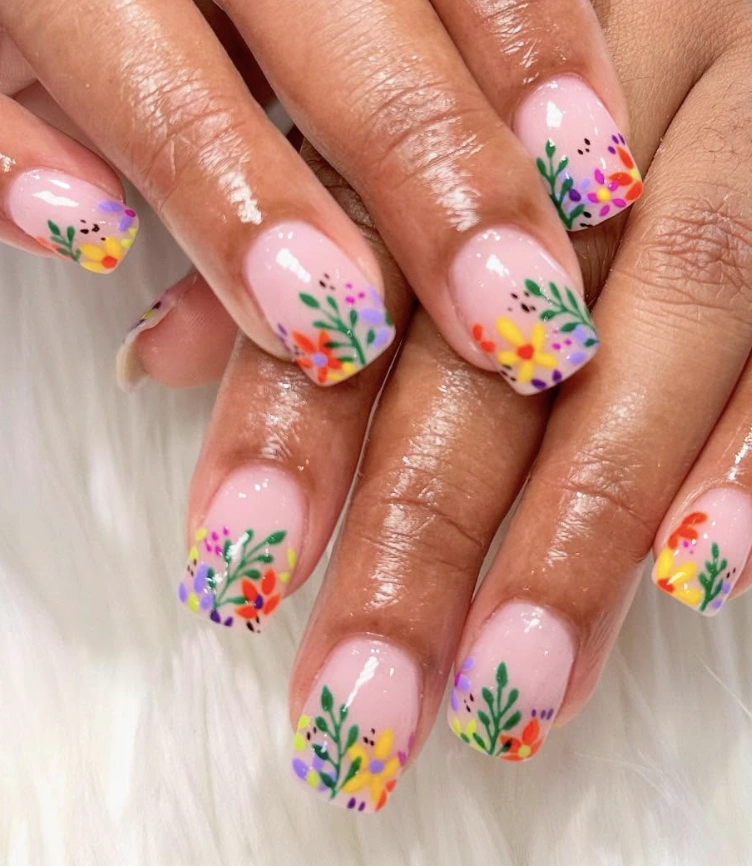Floral Accent French Tips on Short Square Nails