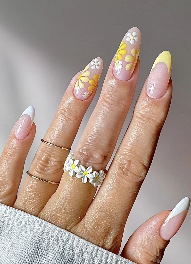 Floral Almond Nails with Yellow French Tip