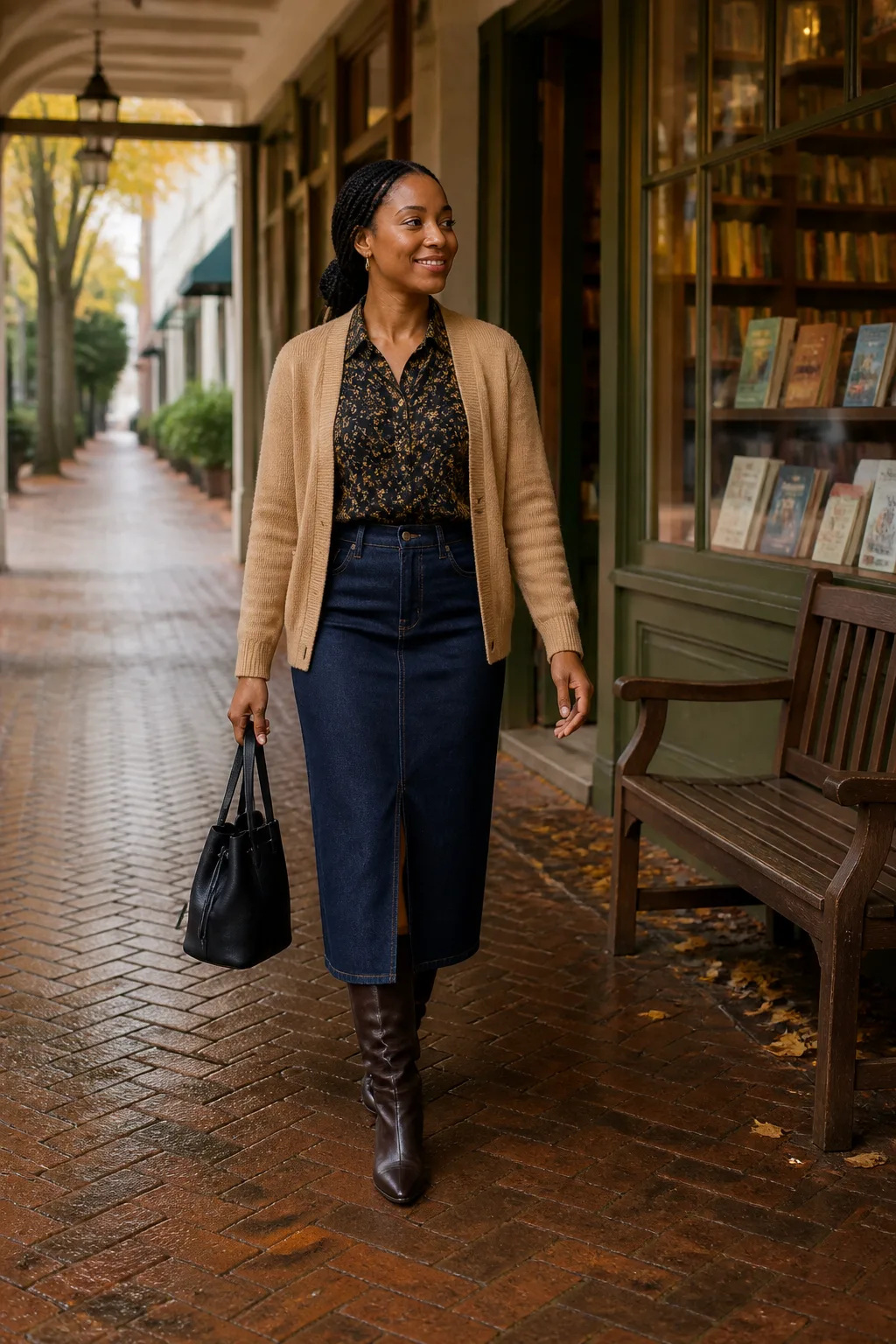 Floral Blouse, Denim Skirt, and Knee Boots