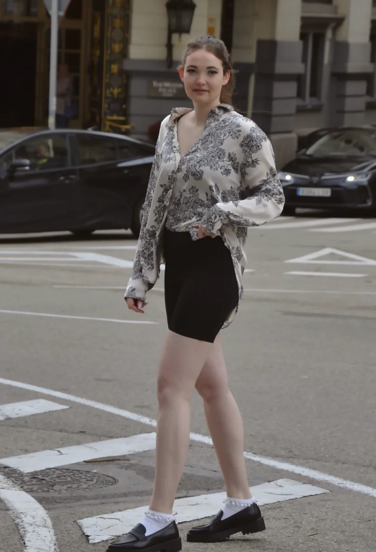 Floral Button-Up Shirt + Black Bike Shorts