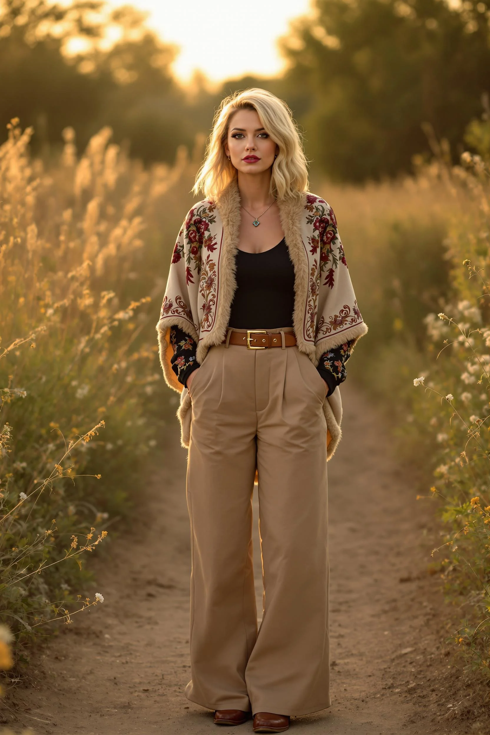 Floral Embroidered Cape + High-Waisted Trousers