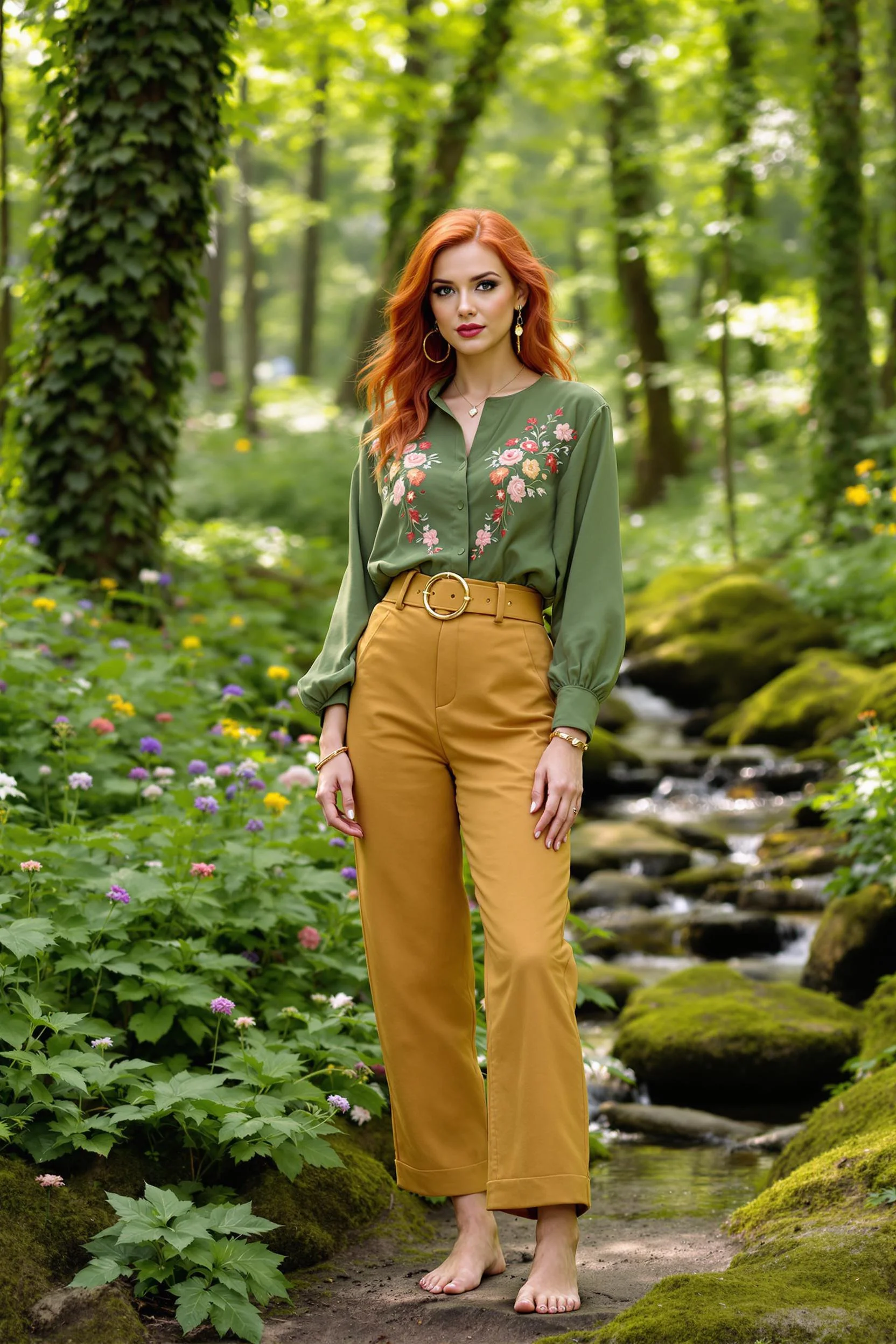 Floral Embroidered Green Blouse + Mustard Trousers