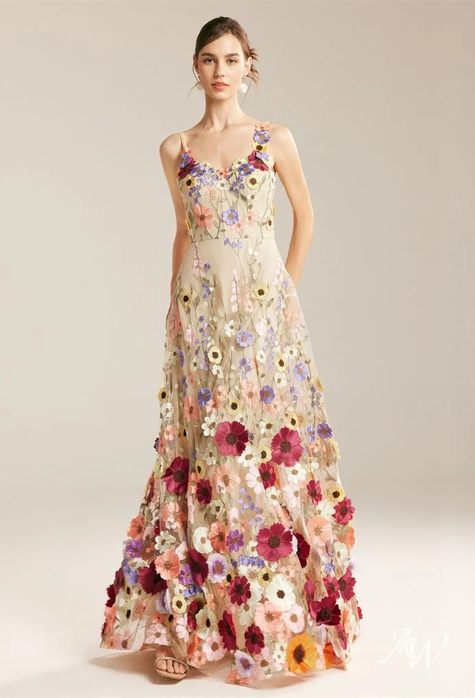 Floral Embroidered Tulle Gown with Spaghetti Straps