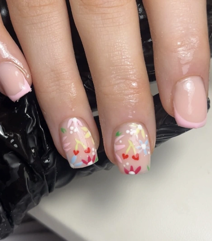 Floral Heart Nail Art on Short, Squoval Tips